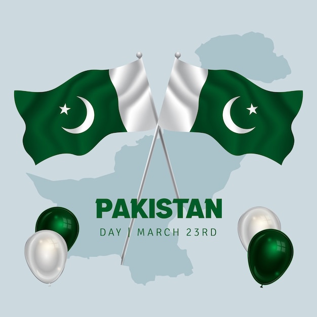 Vetor dia do paquistão, 23 de março, com ilustração de bandeiras no fundo isolado do mapa do paquistão