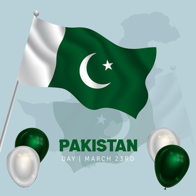 Dia do paquistão, 3 de março, com balões de bandeira e ilustração de mapa
