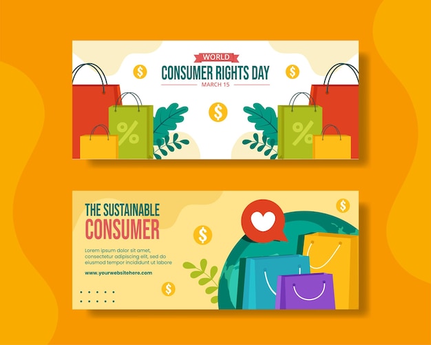 Dia dos Direitos do Consumidor Banner horizontal Flat Cartoon Templates desenhados à mão Ilustração de fundo