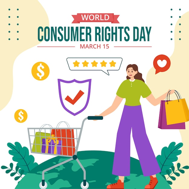 Dia dos direitos do consumidor ilustração de mídias sociais desenho animado plano templates desenhados à mão fundo