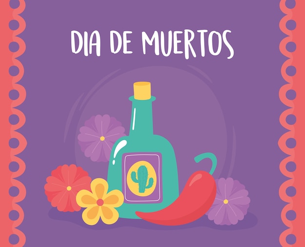 Dia dos mortos, celebração mexicana tequila garrafa chili pimenta flores cartão de felicitações.