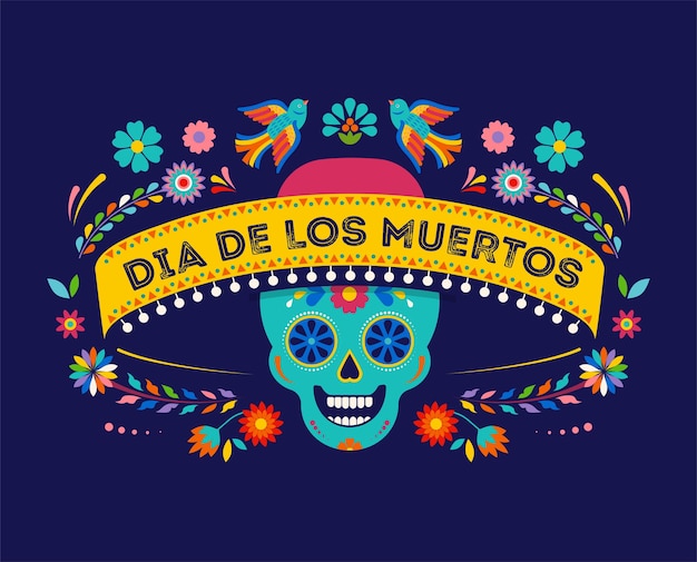 Dia dos mortos com banner de fundo dia de los muertos e conceito de cartão com caveira de açúcar