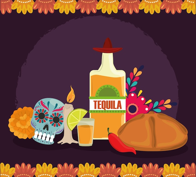 Dia dos mortos, decoração de velas e flores de tequila de pão catrina, ilustração vetorial de celebração mexicana