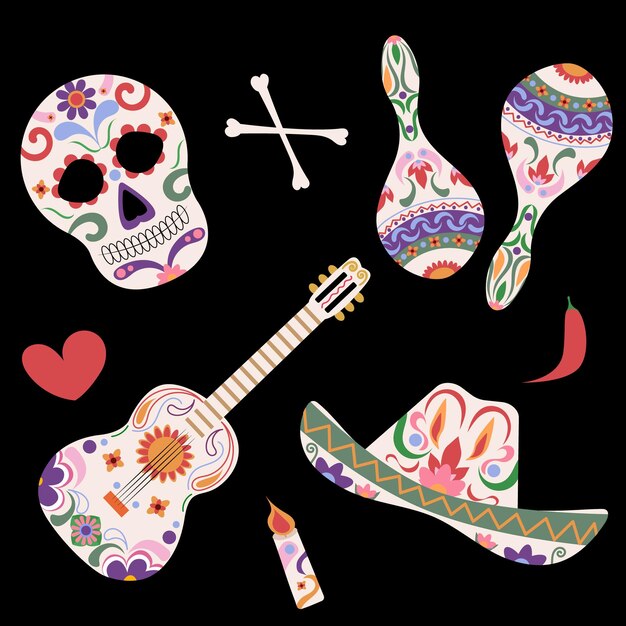 Dia dos mortos definido. Dia dos mortos no México. Coleção de caveiras, maracas, guitarra, ossos.