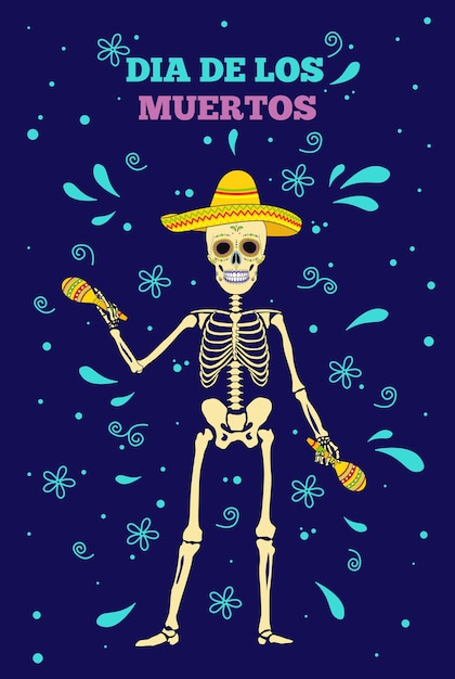 Dia dos mortos, dia de los moertos, banner com flores coloridas mexicanas. crânio de esqueleto em sombrio