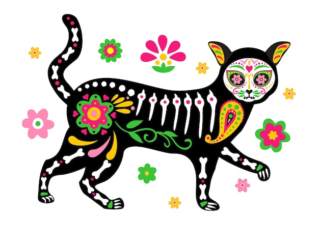 Dia dos mortos dia de los muertos bonito crânio e esqueleto de gato com coloridos elementos mexicanos