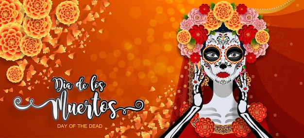 Dia dos mortos, Dia de los muertos, caveira de açúcar com coroa de flores de calêndula em papel cor de fundo preto.