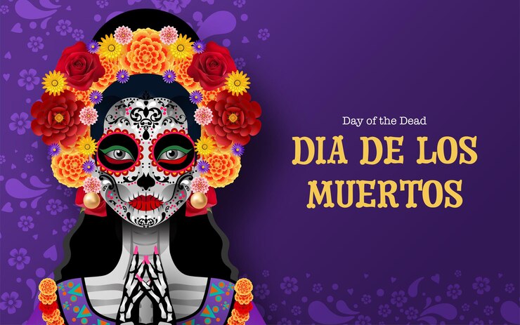 Dia dos mortos Dia de los muertos, caveira de açúcar com flores de calêndula