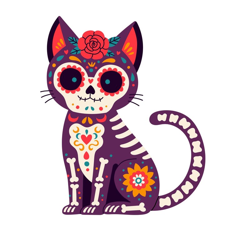 Dia dos Mortos Dia de los muertos crânio e esqueleto de gato decorados com elementos mexicanos coloridos