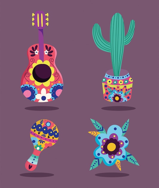 Dia dos mortos, flores violão cacto e maraca decoração tradicional celebração mexicano