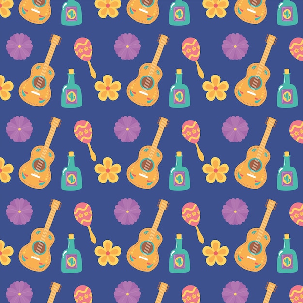 Dia dos mortos, mexicano celebração guitarra tequila garrafa flores maraca fundo roxo.