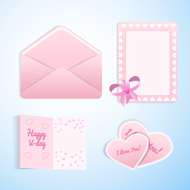 Vetor dia dos namorados amor conjunto de cartões de envelope liso e dia dos namorados nas cores branco e rosa em um lindo design romântico ilustração isolada