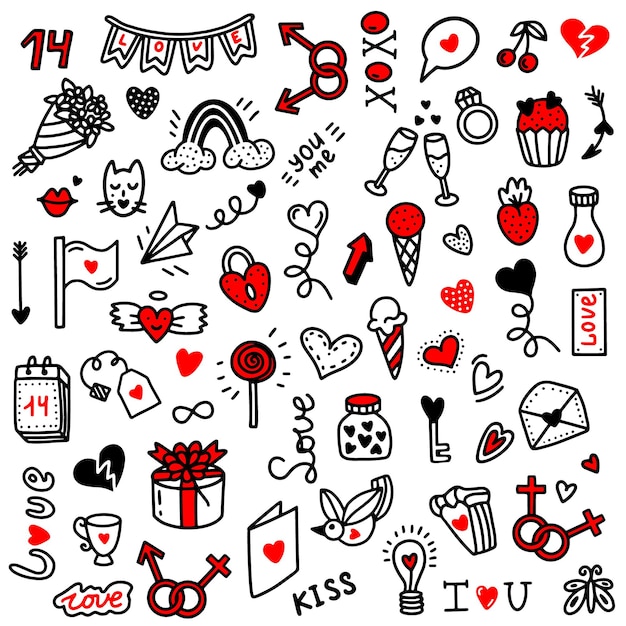 Dia dos namorados amor conjunto ilustração vetorial no estilo doodle design para dia dos namorados