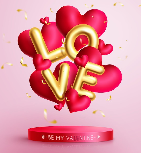 Dia dos namorados amor desenho vetorial de balão texto de amor em decoração de balão dourado com corações flutuantes