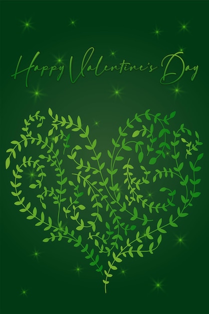Vetor dia dos namorados cartão banner convite panfleto folheto verde paleta de ouro estilo eco natural forma de coração folhas ramo e letras