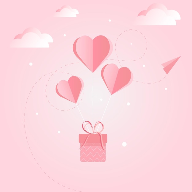 Dia dos namorados com balões em forma de coração voando de avião e nuvens ilustração para cartões