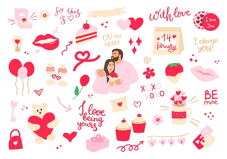 Dia dos namorados com elementos de amor Pessoas juntas coração sobreposições de caligrafia