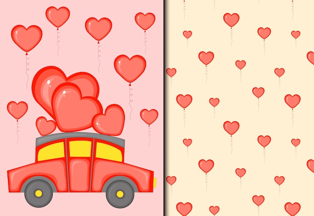 Dia dos namorados conjunto de padrão e cartão postal com carro de entrega. estilo de desenho animado. ilustração vetorial.