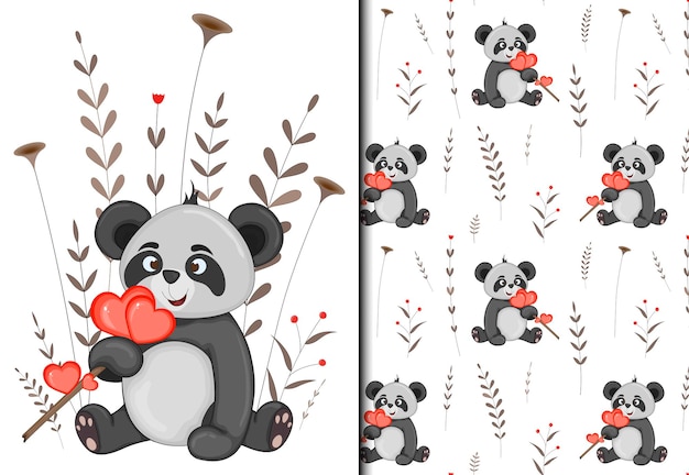 Dia dos namorados conjunto de padrão e cartão postal com panda fofo. estilo de desenho animado. ilustração vetorial.