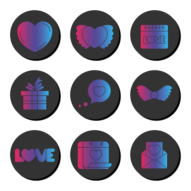 Dia dos namorados e conjunto de ícones de gradiente de amor Sinal de elemento Ui ux
