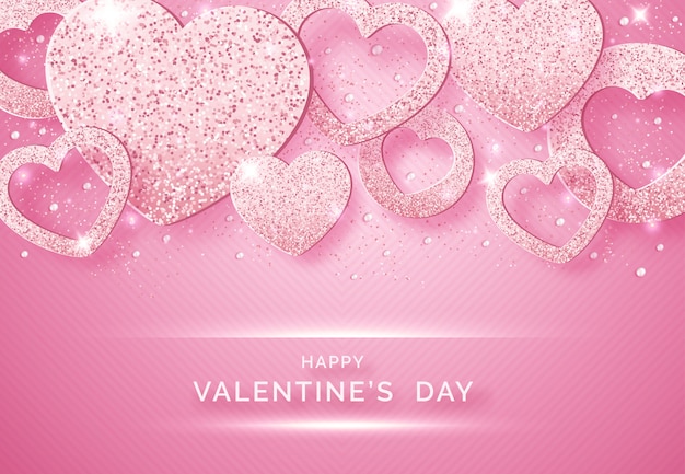 Dia dos namorados fundo horizontal com brilhantes corações rosa, bolas e confetes