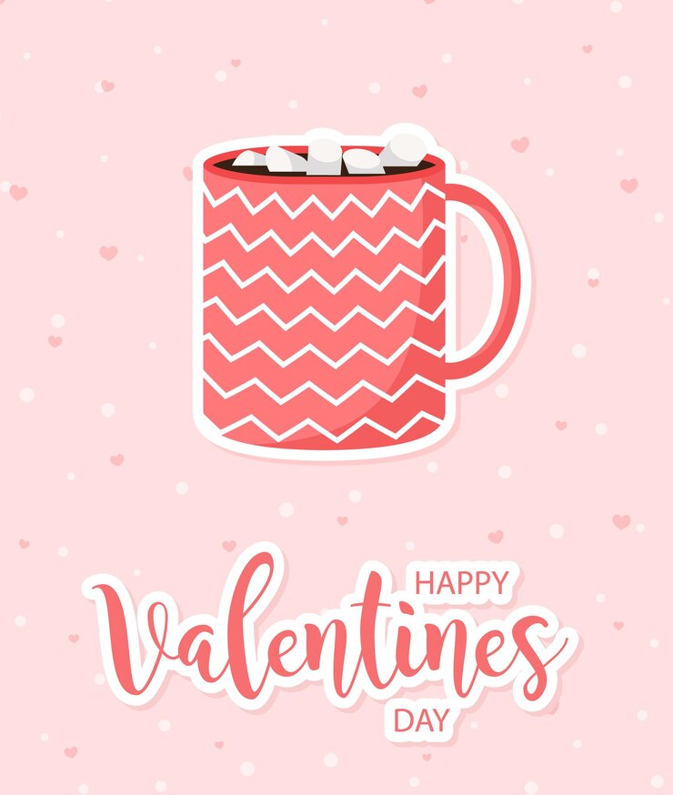 Vetor dia dos namorados lindo cartão de amor. copo bonito com bebida quente. lindo pôster com letras românticas. ilustração vetorial.