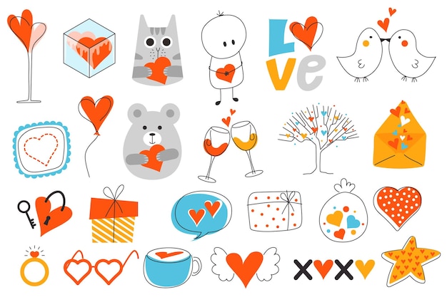 Dia dos Namorados mega conjunto em design plano Bundle elementos de coração casal bonito gato e urso beijo pássaros balões champanhe em copos carta de amor outro ilustração vetorial objetos gráficos isolados