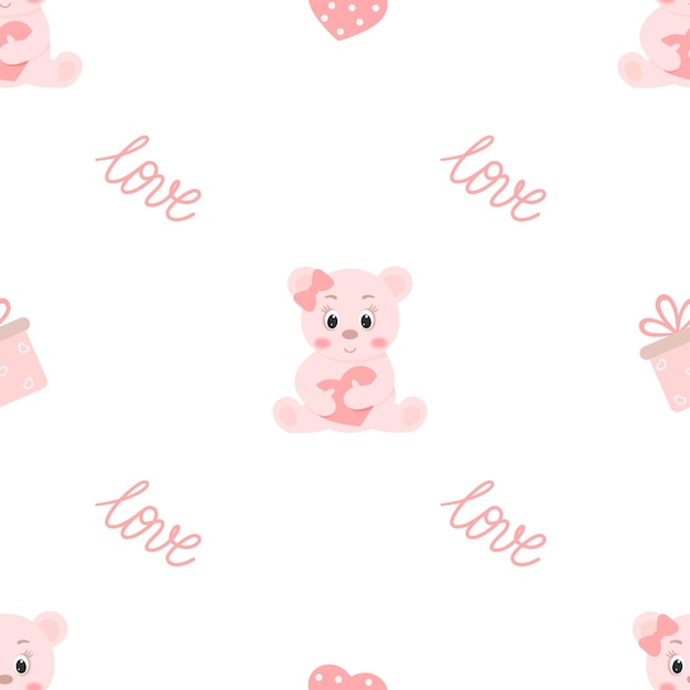 dia dos namorados sem costura padrão em urso rosa de fundo branco