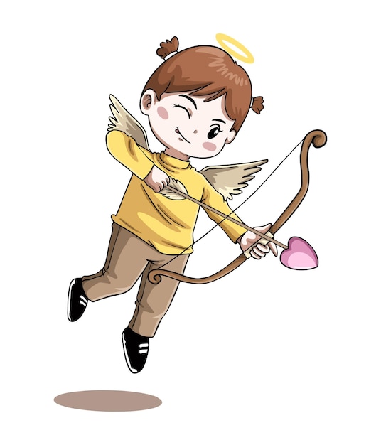 Vetor dia dos namorados tema desenho animado menina bonita carregando um arco e flecha de amor