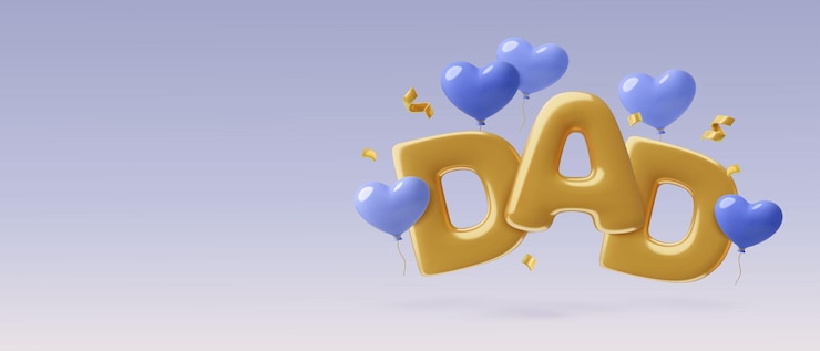 Vetor dia dos pais fundo em um estilo 3d com voar ouro pai inflado texto e balões de coração azul