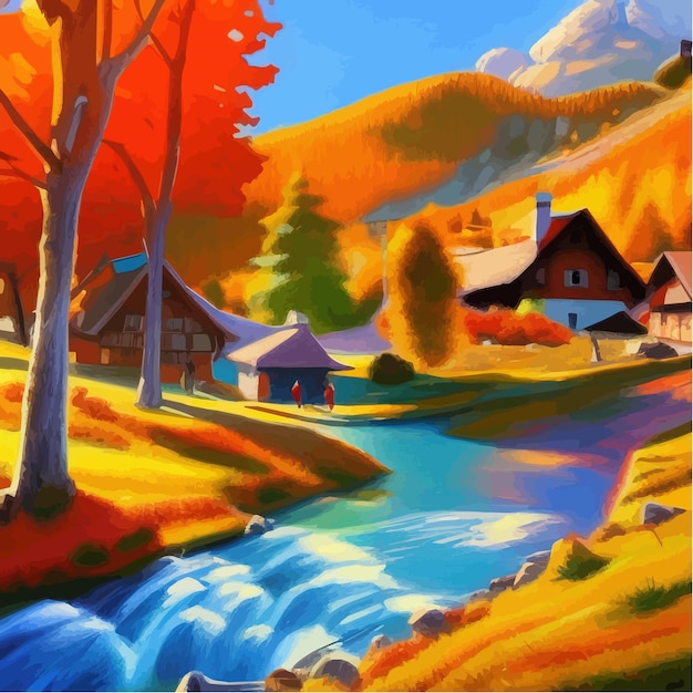 Vetor dia ensolarado na casa da aldeia com estrada e árvores de outono laranja, imagem de desenho animado da cena rural em