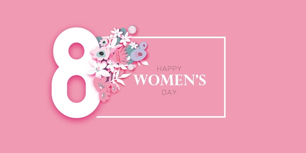 Dia floral da mulher feliz. 8 de março. Dia das mães na moda. Flores de corte de papel. Flores De Origami. Flor de primavera em rosa. Tempo de primavera. Texto. Feriado sazonal. Decoração moderna. rosa Muito peri. Vetor