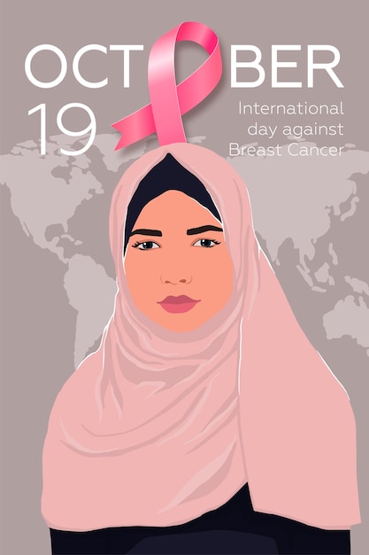 Dia internacional contra o câncer de mama Cartaz com fita rosa e mulher muçulmana em hijab Ilustração vetorial moderna