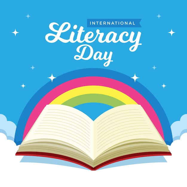 Dia internacional da alfabetização com arco-íris e livro aberto