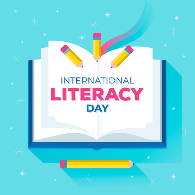 Vetor dia internacional da alfabetização com livro e lápis