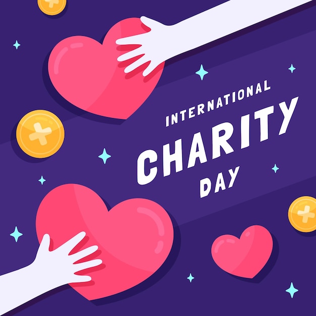 Dia internacional da caridade design plano com corações e mãos