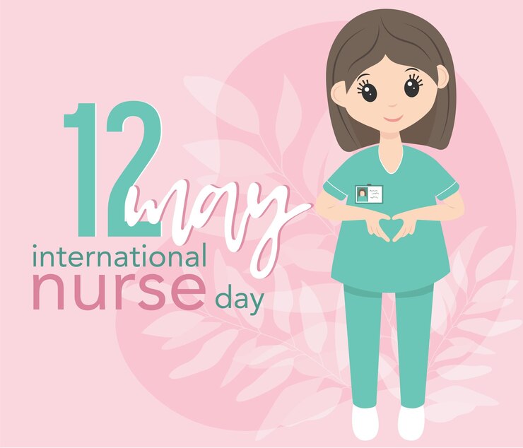 Dia internacional da enfermeira 12 de maio Enfermeira feliz de uniforme Cores rosa e menta Formato de cartão com letras Faça um coração cantar com as mãos