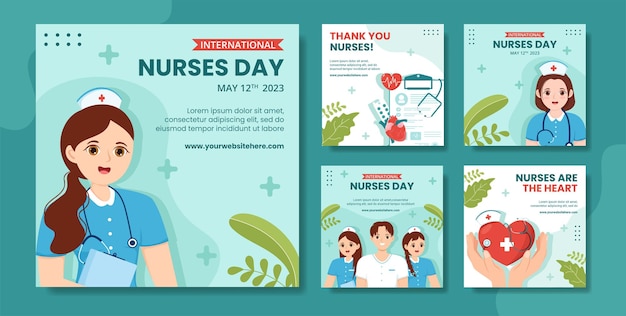 Vetor dia internacional da enfermeira mídia social postagem desenhos animados planos modelos desenhados à mão ilustração de fundo