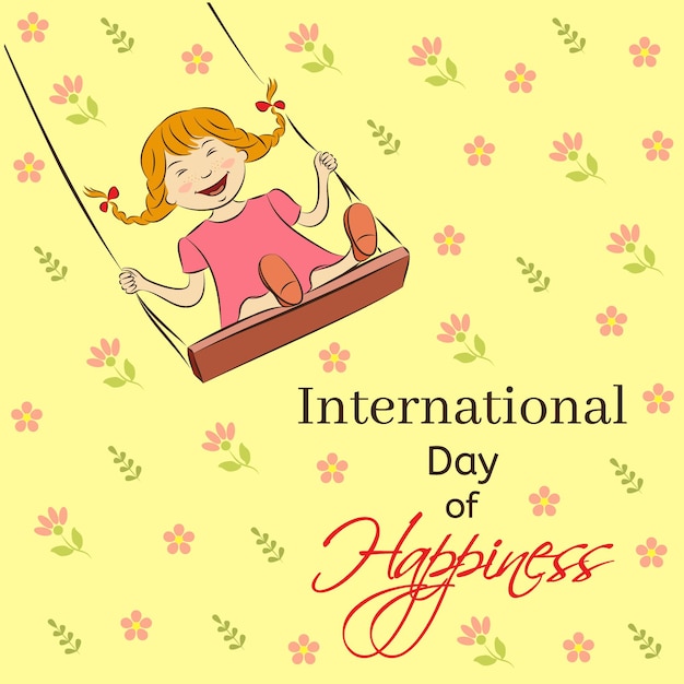 Vetor dia internacional da felicidade menina rindo montando um cartaz de saudação de balanço