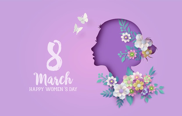Vetor dia internacional da mulher 8 de março com moldura de flores e folhas, estilo de arte de papel.
