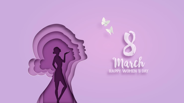 Vetor dia internacional da mulher 8 de março com mulher e mosca de manteiga estilo de corte de papel