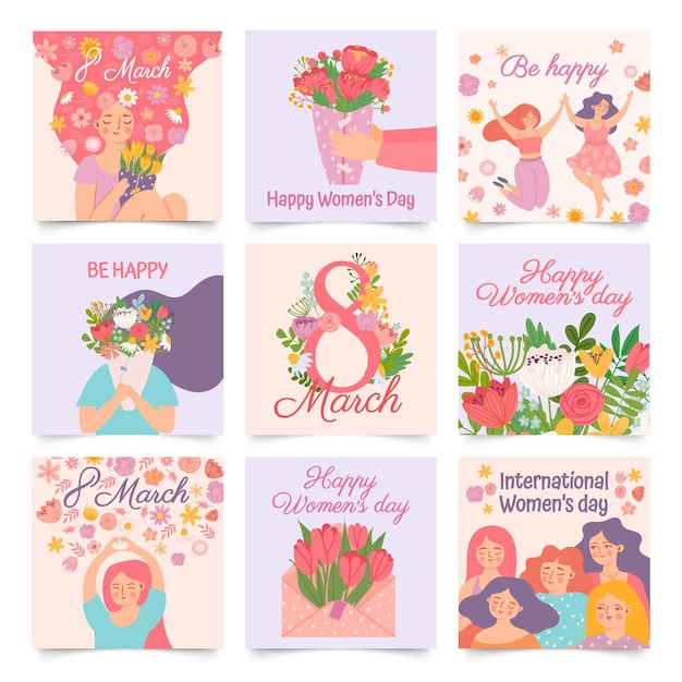 Dia internacional da mulher. cartazes com mulher dançando feliz e flores da primavera, comemorando o dia 8 de março. mulher dos desenhos animados segurar o conjunto de vetores de buquê. envelope com tulipas, cartões de meninas alegres