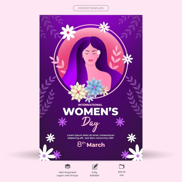 Vetor dia internacional da mulher com rosto de mulher alegre decoração floral e fundo roxo