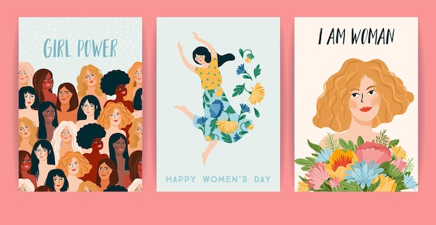 Dia internacional da mulher. conjunto de cartas, mulheres de diferentes nacionalidades e culturas. luta pela liberdade, independência, igualdade.