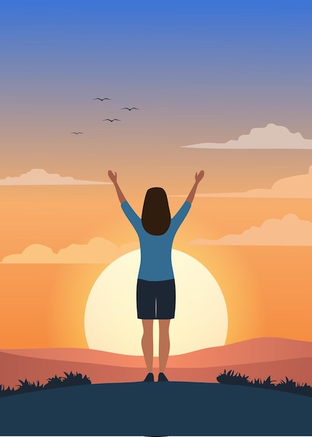 Dia Internacional da Mulher Desenho conceitual Nascer do sol com as mãos das mulheres para cima mostrando liberdade