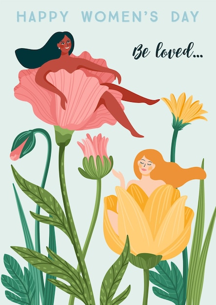 Dia Internacional da Mulher. Modelo de vetor com mulheres e flores para cartão, cartaz, folheto e outros usuários