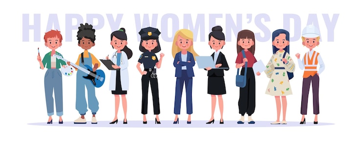 Vetor dia internacional da mulher mulher de mulheres de diferentes idades, raças e ocupações feliz dia da mulher