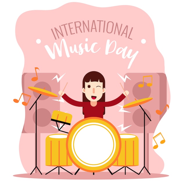 Vetor dia internacional da música da menina do baterista