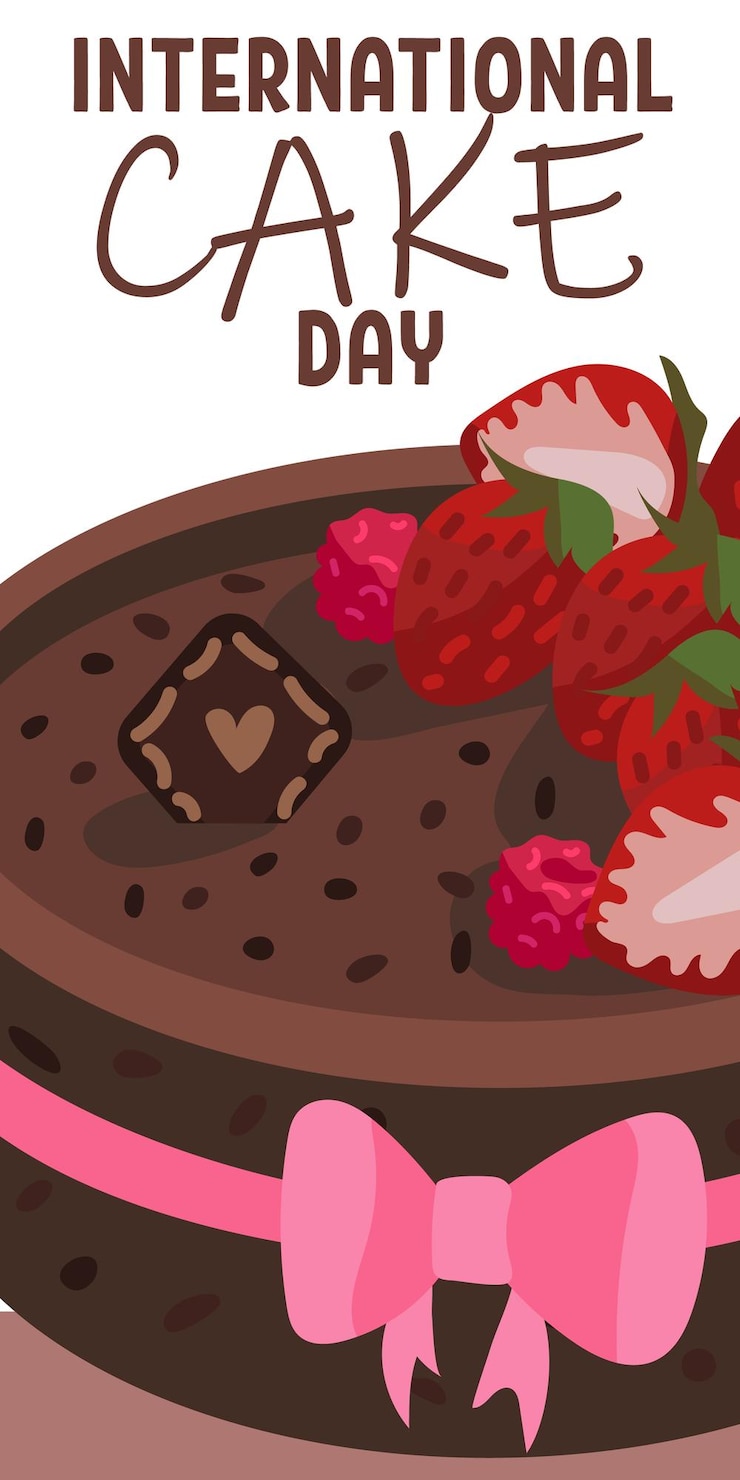 Vetor dia internacional do bolo bolo de chocolate natural com morangos e um laço no feriado leve e alegre