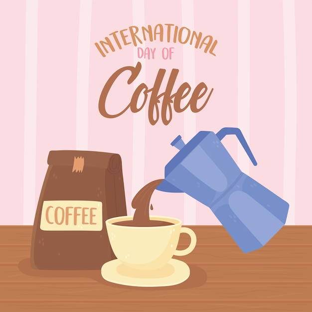 Dia internacional do café, chaleira servindo na xícara e produto embalado